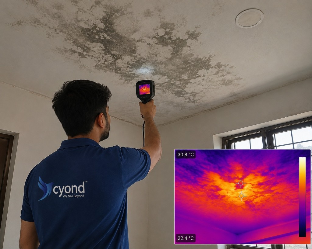Cyond engineer using thermal imaging for water seepage and dampness diagnosis on a stained ceiling