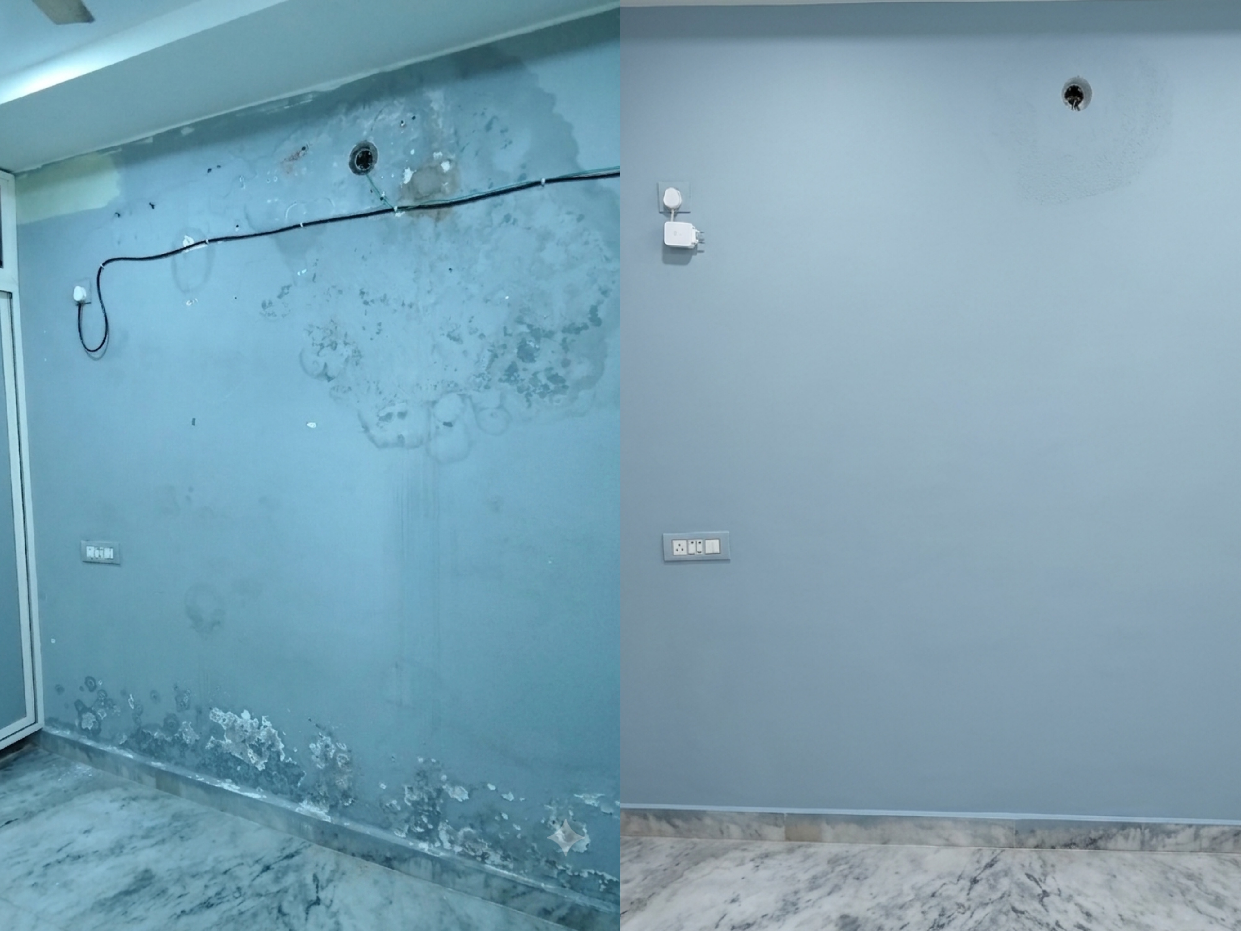 Before and after Cyond repair: Ceiling Stain Root Cause Found in Gachibowli Flat